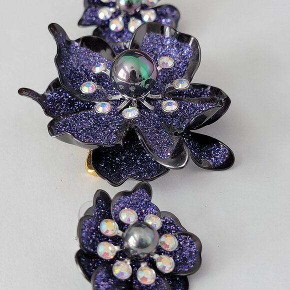 Stunning Purple Joan Rivers Floral Statement Brooch and Earring Set - Picture 3 of 9